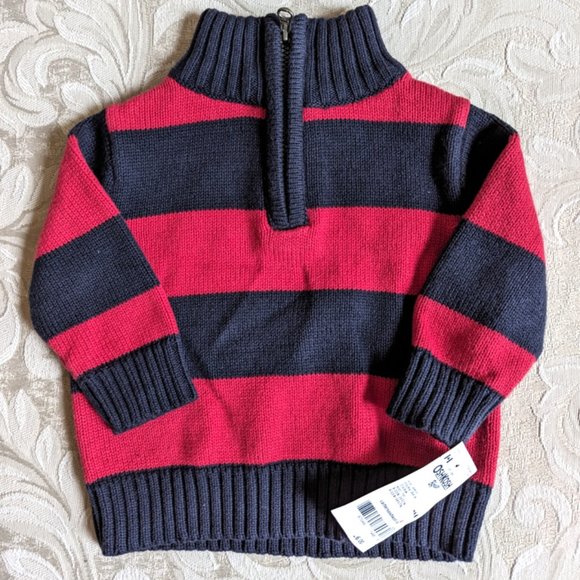 NWT Oshkosh B'gosh Boys Knit Sweater Red Striped 100% Cotton Cardigan 3M… - Picture 1 of 6